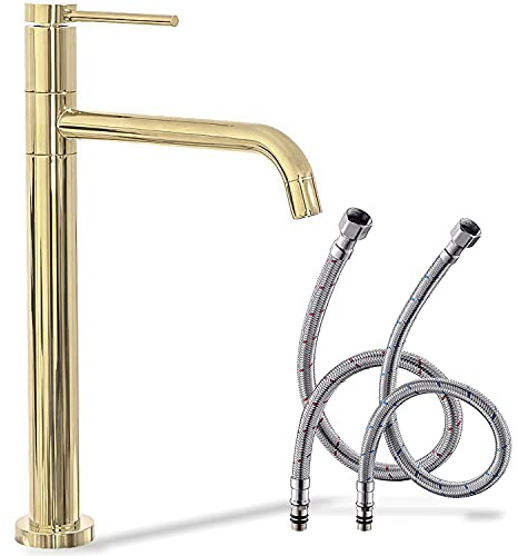 Rea Waschtischarmatur LUGANO SLIM GOLD HAUT Wasserhahn Bad Badarmatur aus Messing Armatur für Waschbecken Badezimmer Mischbatterie Waschbecken Einhebel (Gold)