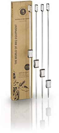 Buddy's BBQ - Spiedini per barbecue, 4 spiedini, in acciaio inox, con manico ad anello, con cursore
