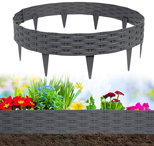NAIZY Rattan-Optik Rasenkante 3 * 10m Beeteinfassung Biegbarer Kunststoff Mähkante Beetumrandung Rattan Design Gartenpalisade für Garten Rasen Dekorativ, Anthratic (30 Stück/30m)