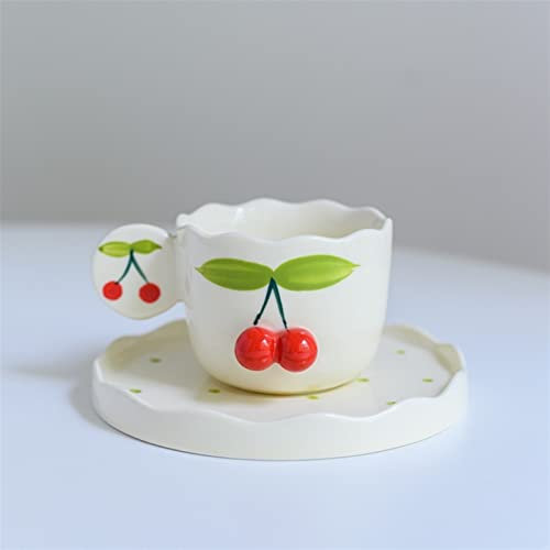 WMDSYGD Tazze da tè Carino 3D Ciliegia Cina e piattino Dipinto a Mano in Ceramica caffè caffè Latte Tazza Set Domestico Ufficio drinkware Regalo Personalizzato for la Sua Ragazza Tazze da infusione
