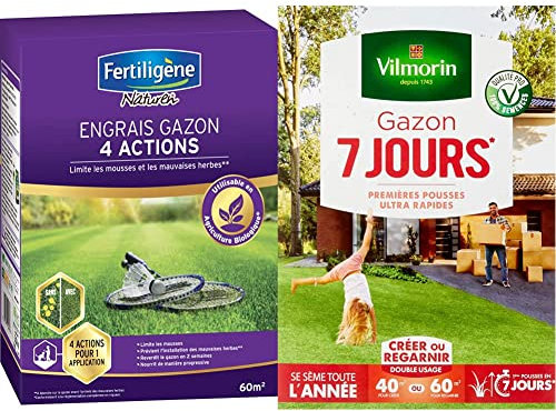 Fertiligene Engrais Gazon 4 Actions, 2,45kg, 60m² & Vilmorin 4460714 Gazon 7 Jours, Vert, 1 kg