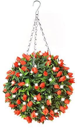 Best Artificial 28cm Pre Lit Tulip Topiary Ball with 30 Bright White LED Waterproof Battery Lights (Orange)