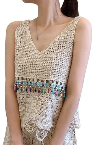 NRVTRE Pull à franges sans manches pour femme - Style bohème - Perles - Col en V - Crochet - Tricot - Crop Tank Top Cover Up - Débardeurs pour femmes