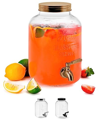 Kook Glass Drink Dispenser, with Leak-Proof Stainless Steel Spigot, Clear Mason Jar, Beverage Storage for Fridge, for Water, Iced Tea, Sangria, Lemonade, 1 Gallon