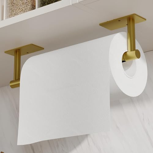 WZRUA Gold Küchenrollenhalter ohne Bohren, Edelstahl Papierrollenhalter Selbstklebend Praktisch Rollenhalter unter dem Schrank, Doppelsäulenstütze Rotationsdesign
