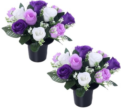 Caliko Set of 2 Artificial Flowers for Graves 25cm | 12 Head Grave Flower Pots | Perfect for Enhancing Memorial & Cemetery Decor | Improved Design for Funeral Elegance (12 Head Purple and Ivory)