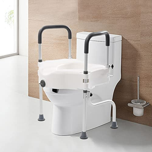 Erhöhte Toilettensitzerhöhung, Höhenverstellbar 44-54cm, WC Aufstehhilfe, mit gepolsterten Armen Unterstützung WC-Assistenzkissen, Toiletten Haltegriffe für Senioren Behinderte