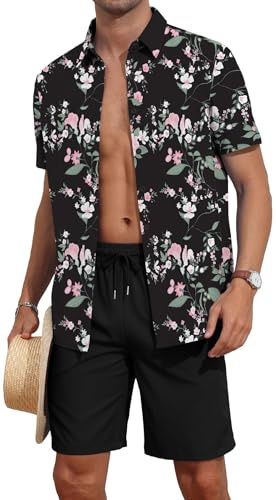 AIYINO Hawaiiansk skjorta set sommar personliga shiteshirts outfit tropiska knappar ner toppar strand semester skjortor, Blommig svart, XL