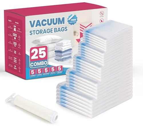 Simple Deluxe Vacuum Storage Bags 25 Pack Multi-Size Bundle | 5x Jumbo(70x100cm)/5x Large/5x Medium/5x Small/5x Roll-Up Bags with Hand Pump for Underbed Storage, Seasonal Clothes & Duvets