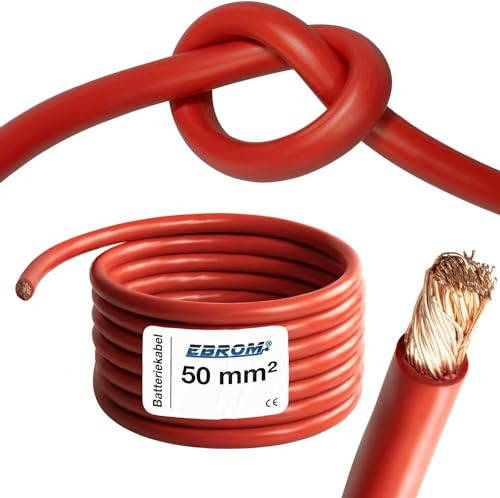 EBROM HI-FLEX 2 Meter hochflexibles Batteriekabel Pluskabel ROT 50 mm² | Batterie Kabel 50 mm2 - PLUSKABEL - extrem leicht verlegbar - für PV, Boot, Solar, Industrie, LKW, KFZ, Caravan