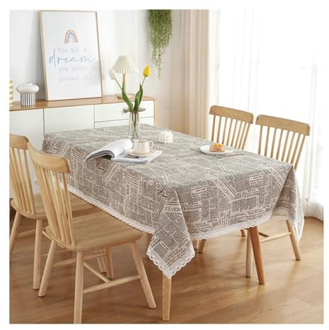 BCughia Tischdecke 90x90CM Quadratisch, Tischdecken Wasserabweisend Polyester Baumwolle Zeitung Gedruckt Tischtuch für Indoor, Outdoor, Essen, Küche, Beige Schwarz