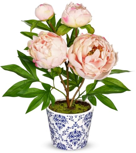 Hollyone Künstliche Pfingstrose im Topf, Kunstblumen Pfingstrosen Hellrosa Deko Blume mit Topf Seidenblume für Fensterbank Haus Bad Büro Tisch Dekoration