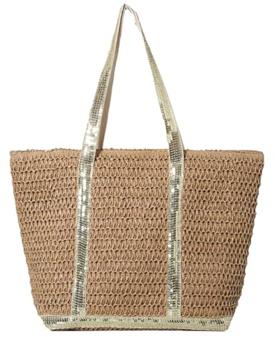 Fiorky Sac de Plage en Paille pour Femme - Fourre-Tout Grande Capacité avec Paillettes Crochet à Bandoulière Simple Couleur Contrastée pour Dames Quotidien