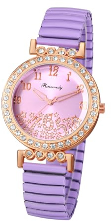 JewelryWe Reloj Correa Elástica Mujer: Reloj de Cuarzo Analógico Redondo con Circonita Morado para Señora Escala de Números Arábigos Correa de Acero Inoxidable Extensible - para Ocio Negocios Regalo