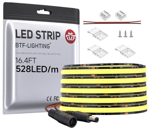 BTF-LIGHTING FCOB COB Einfarbige LED-Streifen Naturweiß 4000K 528LEDs/M 12V | Flexible hohe Dichte, 5M 10mm Schwarzes PCB Dimmbares LED-Leiste IP30 NICHT Wasserdicht für Innendekoration (nur Streifen)