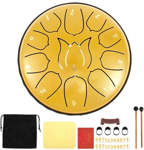 IXTIX Rain Drum Outdoor, Steel Tongue Drum (18,5 * 16,5cm,11 Noten) Zungentrommel D Dur Lotus-Modell Handpan Instrument, Alloy Stahlzungentrommel, Meditation Klangheilung für Anfänger (Gold)
