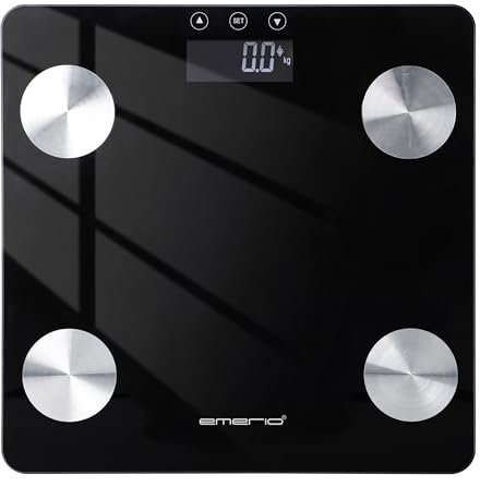 EMERIO digitale Personenwaage | misst Körperfett - Muskelmasse - Knochenmasse - BMI | hoch präzise Sensoren | inkl. 2x AAA Batterien | max. 180kg | Memory Funktion | Auto Off | 28x28cm | BR-125479