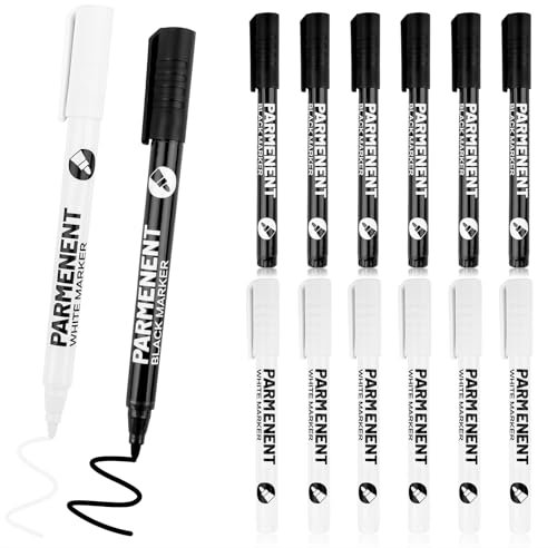 TNEDFOD 12Pcs Marqueur, marqueur blanc Noir, Imperméable et à Séchage Rapide, largeur de Trait 2 mm pour la Pierre, le Bois, la Céramique, la Toile, les Pneus et les Textiles