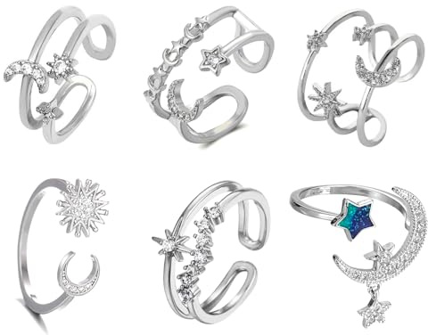 XSDSLS 6Pcs Ringe Silber Frauen, Knuckle Rings Set Sonne Mond Ringe Daumen Ring Fingerring Schmuck für Freundin Mädchen (Silber)