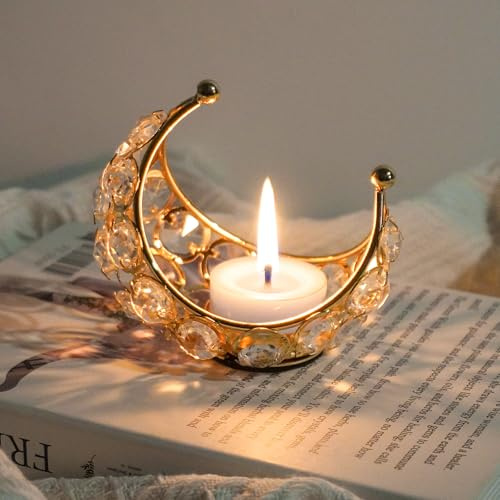 KRIPINC 1 Pièce Support Bougie en Forme de Lune, Photophore Bougie Decor Ramadan, Bougeoir Doré, Porte Bougie en Métal pour Bougie Chauffe-Plat, Bougeoir Decoratif pour Mariage Noël Eid Mubarak