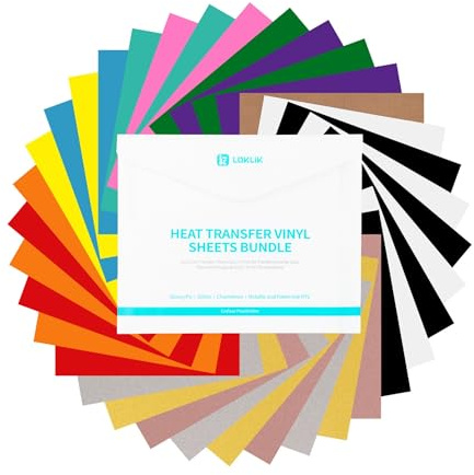 LOKLIK Heat Transfer Vinyl Sheet Bundle, 30.5 x 25cm - Iron-On HTV for T-Shirts & Fabrics - Durable Machine Washable Craft Vinyl for Use with Heat Press Machines, Multicolour 36 Pack