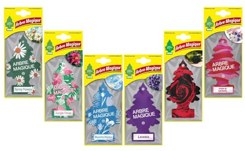 Arbre Magique Ambientador para Coche, Fragancia Intensa y Estructurada, Paquete de 6 Unidades Variadas con Jungle Fever, Almizcle Blanco, Rosa Negra, Flores de Primavera, Violeta y Gardenia y Lavanda