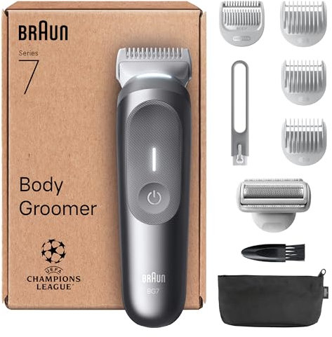 Braun Bodygroomer Series 7, Elektrischer Körperrasierer Herren mit 8 Zubehörteile, Kabelloser Trimmer für Intimbereich und Körper, 100 Min Akku, Wasserdichter Körperhaartrimmer, BG7555, Grau