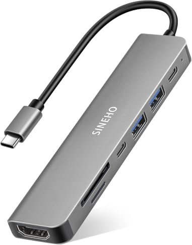 SINEHO Hub USB C 7-in-1 Multiporta con HDMI 4K@30Hz, PD 100W, USB 3.0, USB 2.0, porta dati USB-C e lettore di schede SD/TF – Compatibile con MacBook, Dell XPS, Surface Pro e altro
