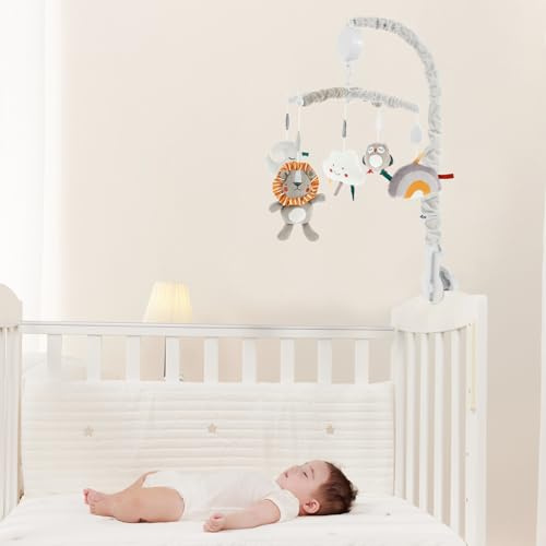 Musik Mobile mit Baumwollbezug Ultra weich Sicher Mobile Baby mit Musik mit 5 Baby Animals Baby Spieluhr mit Musik mit niedriger Dezibelzahl ausgestattet Baby Einschlafhilfe Musikspielzeug