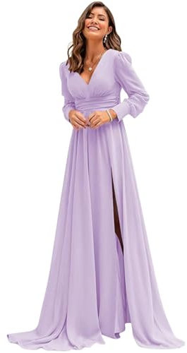 ZCXCsfp Vestido de gasa para dama de honor para mujer, ropa de graduación con abertura, elegante cuello en V, vestido de noche formal de gasa, Lila, 34