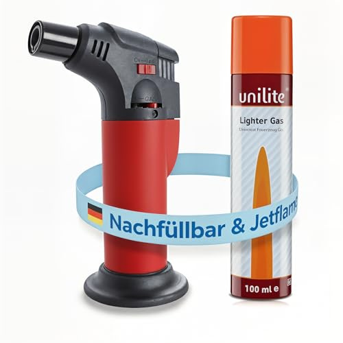 UNILITE Feuerzeug mit Gas rot Jetflamme inkl. 100 ml Nachfüllgas | Sturmfeuerzeug Gas Brenner, nachfüllbar, Nachfüller im Set, Jetflame für Kerzen, Grill und Kamin