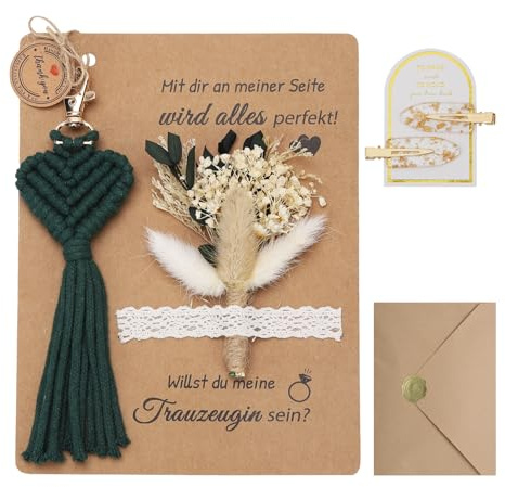 XIAZHDZ Trauzeugin Fragen Geschenk Set – Willst du meine Trauzeugin sein? Karte mit Trockenblumenstrauß, Schlüsselanhänger Makramee und Haarnadel – Personalisiertes Brautjungfer Fragen (Grün)