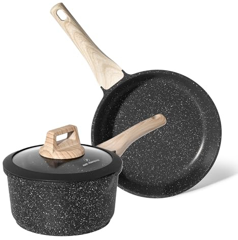 Just Perfecto Lot De Poêle 20cm + Casserole 18cm Avec Couvercle, Ensemble de Cuisine Compatibles Induction, Revêtement Antiadhésif Sans PFAS ni PFOA, Aluminium Haute Qualité, Poignée Thermo-isolées