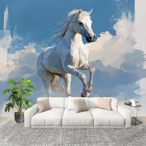 Cuadro de Caballo Blanco Pintado Fotomurales 300x210 cm Papel Pintado Tejido No Tejido Fotomural Animal Caballo Efecto 3D Papel Tapiz Decorativos para Dormitorio Salón TV Pared Murales Póster