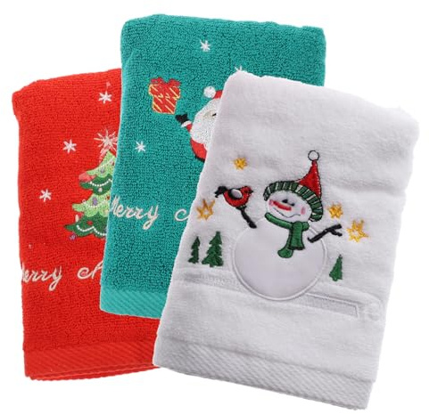 TOBBOMEY 3 Stück Weiche Teiliges Weihnachts Handtuch aus Baumwolle mit Festlichem Stickmotiv Saugfähig und Vielseitig für Bad Küche und in Rot Grün und Weiß