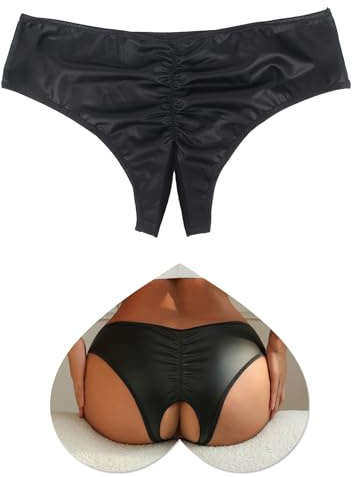ohmydear Perizoma PU Pelle Tanga Aperto Hot Mutande Vita Bassa Slip Sexy Donna con Buco Costume Perizoma Design Posteriore a Pieghe Underwear Donna Taglie Forti