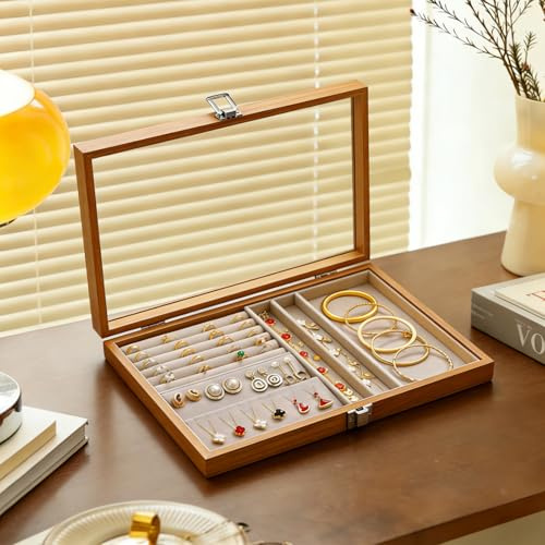 VirtuGro Portagioie Legno Massello Portagioie Donna da Camera con Piano in Vetro Trasparente Porta Gioie Porta Gioielli da Comodino Jewelry Organizer Regali Vintage per Orecchini Collane Anelli