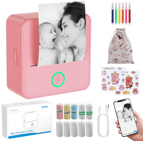 eSynic Mini Thermodrucker Tragbarer Bluetooth-Drucker für Fotos Notizen & Etiketten 200dpi Kompatibel mit Android & iOS Kein Tinte oder Toner nötig Ideal für Zuhause Büro & DIY Projekt Rosa