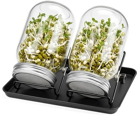Relaxdays Set de 2 tarros para germinar brotes, Soporte y Bandeja, tarros de 850 ml, Cultivo de brotes, Claro/Negro