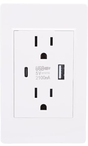 FTVOGUE Vägguttag med USB och Typ C-port 15A Eluttag Uttag PC Retardant Anti Överbelastning Brandförebyggande för Hem Sovrum Vardagsrum (#1)