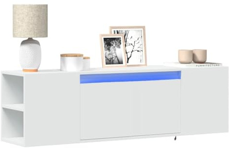 Mandloder Meuble TV mural avec éclairage LED - Blanc - 135 x 31 x 39,5 cm - Matériau du bois - 2 tiroirs - Pour salon - Design moderne