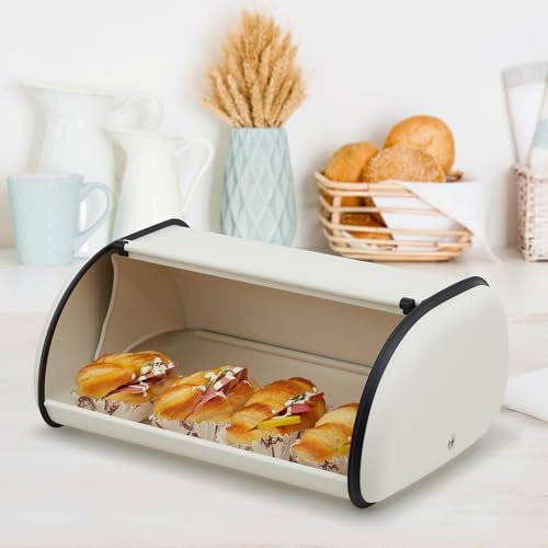 GarveeHome Stainless Steel Bread Box for Kitchen Countertop, Roll Top Beige Bread Storage Container for Homemade Bread, Large Bread Holder for Kitchen Counter, Pantry Shelf, Family