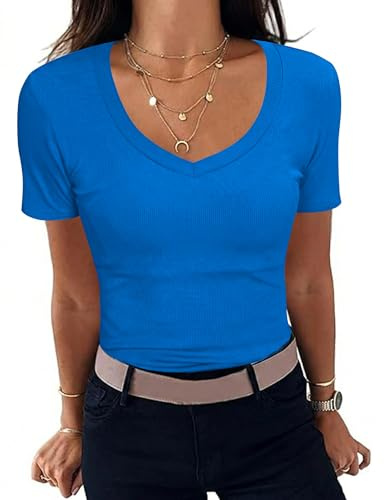 Aottori Camiseta Manga Corta Mujer Cuello en V Elástico | Básico, Verano, Elegante, de Punto, Blusa, Ligero, Sólido, Casual, Túnica, Top