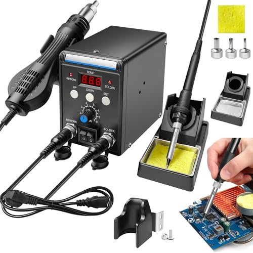 Digital Soldering Iron Station Kit with LED Display, 2-in-1 Hot Air Gun Soldering Kit with 2 Helping Hands, Auto Sleep Mode, Quiet Brushless Fan, Temperature Control, 700W Professional Rework Station