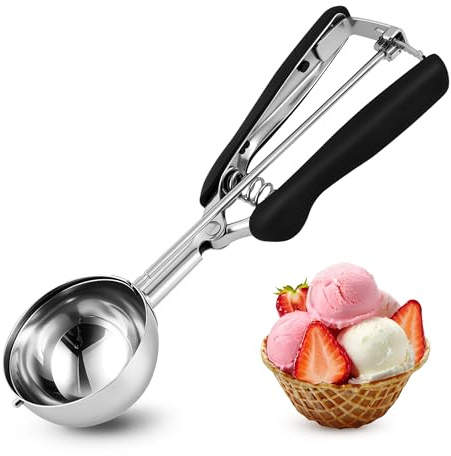 Cuchara grande de helado de 65 mm, cuchara de galletas de acero inoxidable con liberación de gatillo, cuchara de porciones de 2.8 onzas/80 ml, plato de alimentos comercial, para control de porciones