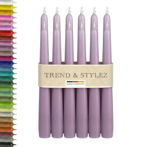 Elegante Spitzkerzen 250x23 mm – Premium Tafelkerzen & Tischdeko – Tropffrei, Geruchsneutral – 8h Brenndauer, RAL-zertifiziert, Made in Germany (Flieder, 12er Pack)