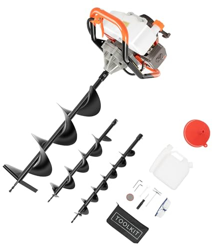 Goddlgjik 71CC Erdbohrer Benzin mit 3 Bohrern (10/15/20cm), 2.3 kW 2-Takt Benzin-Erdlochbohrer, Erdbohrer 350mm Verlängerungsstange Anti-Vibration, für Gartenbau Ackerland Landwirtschaft