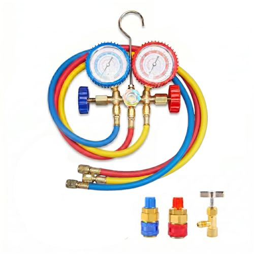 Set de Manómetros R134a para Aire Acondicionado de Coche - Kit de Recarga con 3 Mangueras de 90cm, Acopladores Rápidos y Válvula de Lata Perforadora - Herramienta de Diagnóstico AC Profesional