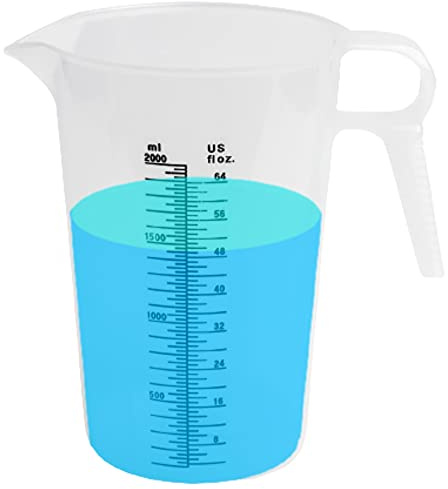 ACCUPOUR 64oz (1/2 gallon) Measuring Pitcher, Plastic, Multipurpose - Great for Oil, Chemicals, Pool and Lawn - Ounce (oz) and Milliliter (mL) Increments (2000 mL)