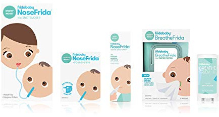 Frida Baby Cold and Flu Relief Set, Congestion Relief Kit, Includes the NoseFrida Nasal Aspirator, Hygiene Filter, Saline Nasal Spray, Baby Vapor Rub & Vapor Nose & Chest Wipes